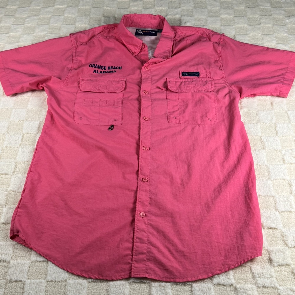 Spicy Tuna Men's‎ Vented Fishing Shirt Size Large Pink Orange Beach, AL